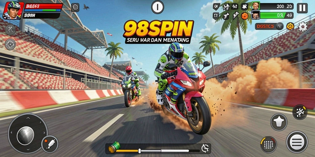 Tampilan screenshot 98SPIN menampilkan balapan motor yang seru dan mendebarkan.