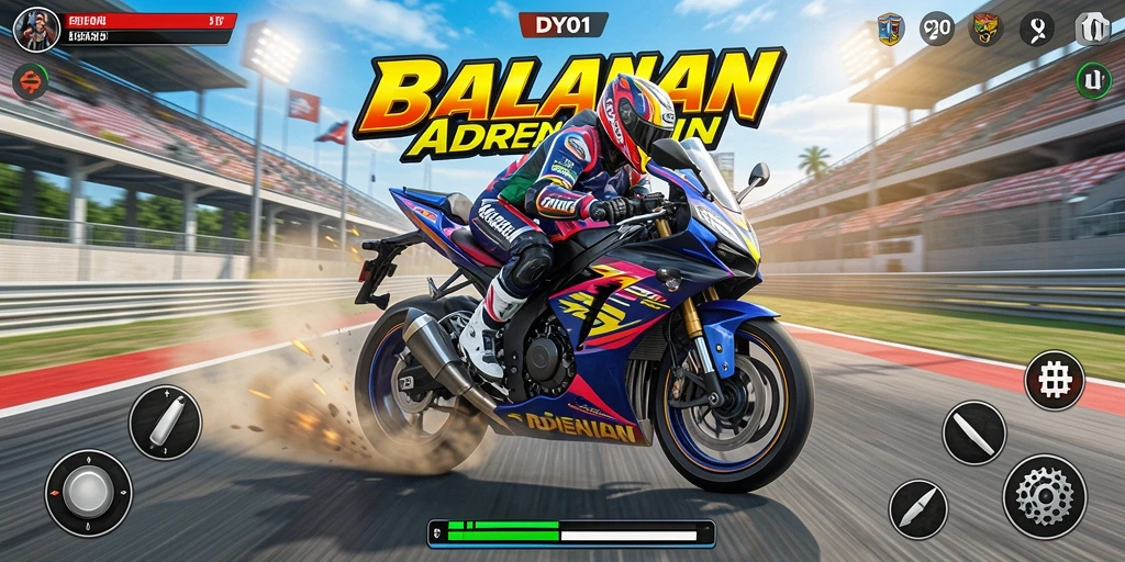 Screenshot DY01 menampilkan aksi balapan cepat dengan motor dan trek yang menakjubkan.