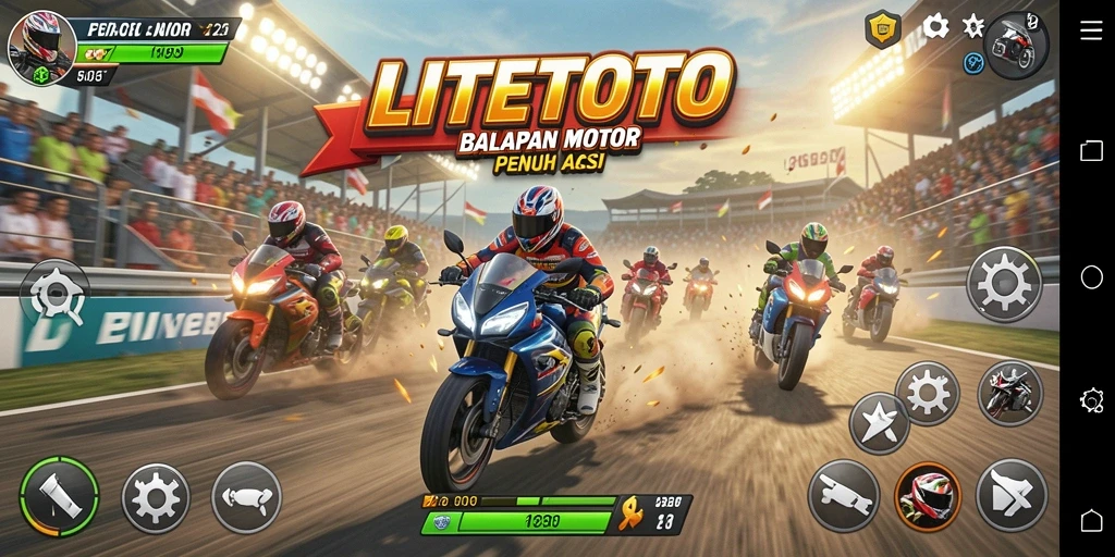 Tampilan gameplay seru LITETOTO dengan balapan motor yang mendebarkan.