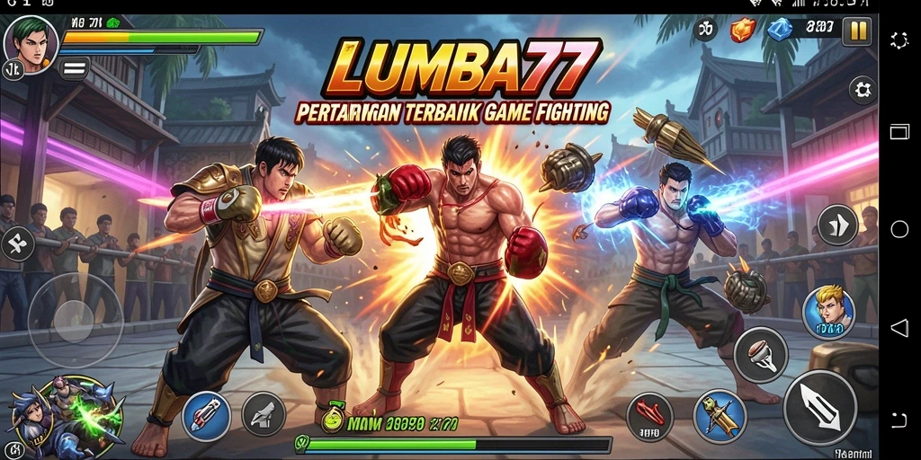 Screenshot gameplay LUMBA77 menampilkan karakter bertarung di arena.