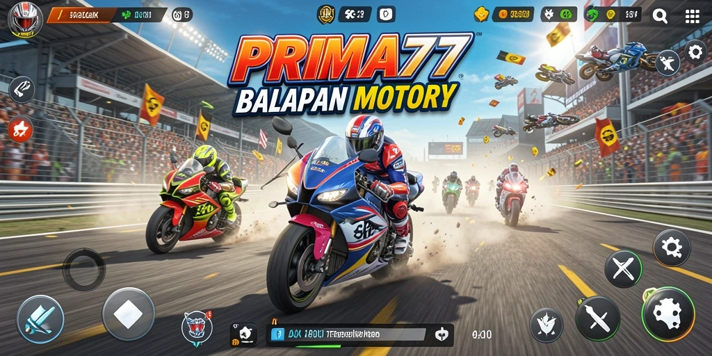 Tampilan gameplay PRIMA77 saat balapan motor di jalur menantang.