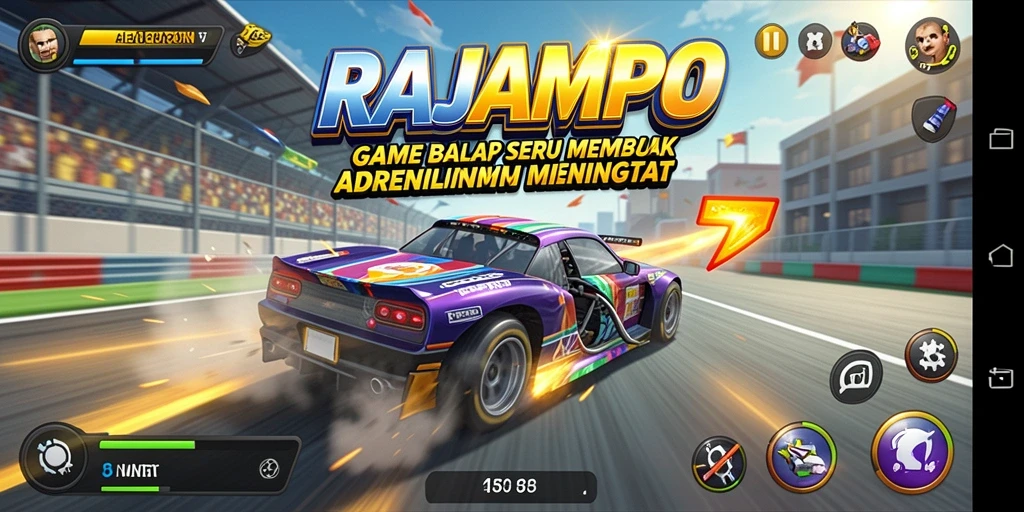 Screenshot gameplay RAJAMPO menampilkan aksi balap yang mendebarkan.